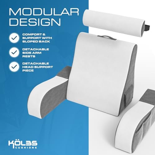 Kolbs Wedge Reading Pillow for Bed, Cushion with Arms for TV, Books, Nursing, Back - Bed Pillow for Sitting Up in Comfort, Plush Backrest. Bed Chair, Sit Up in Comfort (19" Gray/White)