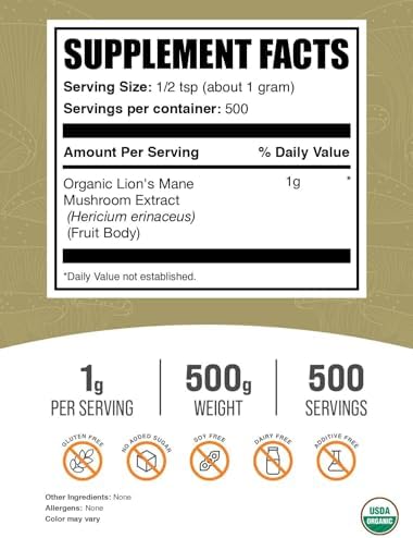 BulkSupplements.com Organic Lion's Mane Mushroom Extract Powder - Mushroom Supplement, Brain Supplement for Memory and Focus Support - Vegan, 1g per Serving, 500g (1.1 lbs) (Pack of 1)