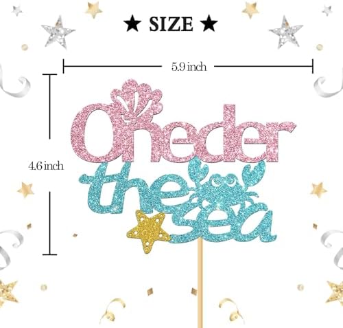 Oneder the Sea Cake Topper - Girl's 1st Birthday Party Decorations, Mermaid Baby Shower Cake Topper, Ocean World Gender Reveal Party Decoration Suppllies, Glitter