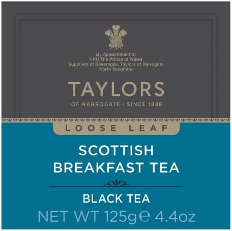 Taylors of Harrogate Scottish Breakfast, Black Tea, Loose Leaf, 4.41 Ounce Carton (Pack of 6), Strong, malty and full, Caffeinated, Premium Whole Leaf Tea