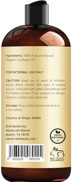 Handcraft Blends USDA Organic Sunflower Oil - Cold-Pressed 16 Fl Oz - 100% Pure and Natural - Premium Grade Carrier Oil for Skin and Hair - Hair and Body - Massage - Hexane-Free