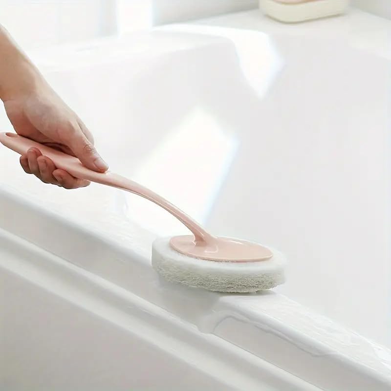 Sponge Cleaning Brush with Long Handle – 1pc Multipurpose Scrubber Pad for Bathroom, Toilet and Sink – No Battery Manual Scrub Brush for Tiles, Bathtub, and Floors –Versatile Cleaning Tool Pink