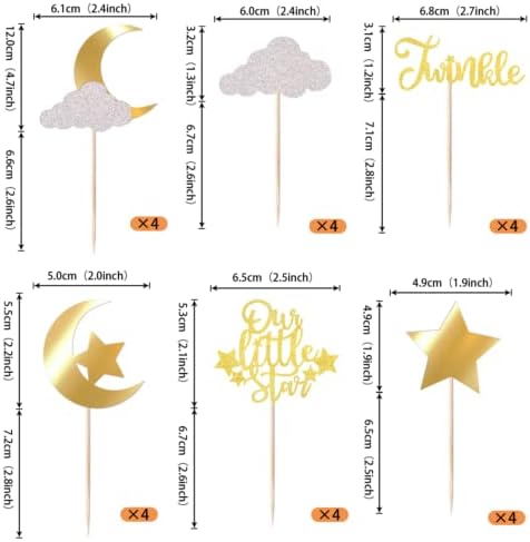 24 Pack Little Star Cupcake Toppers Glitter Moon Cloud Cupcake Picks Twinkle Star Baby Shower Kids Birthday Wedding Party Cake Decorations Supplies Gold