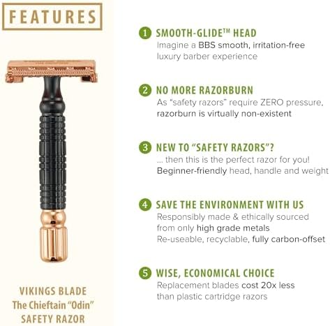 VIKINGS BLADE Double Edge Safety Razor for Men + 5 Swedish Steel Blades + Luxury Case. Smooth, Reusable, Eco-Friendly (Chieftain “Odin”)
