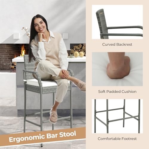 COSTWAY Wicker Bar Stools Set of 2, Patio Bar Height Chairs with Cushions, Armrests and Footrests, Outdoor Rattan Barstools for Backyard, Deck, Pool, 400 lbs Max Load (2, Mix Grey)