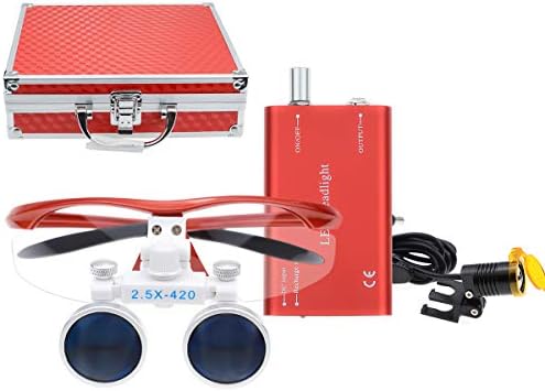 BONEW-Oral 2.5X 420MM Surgical Binocular Loupe Magnifier + 3W Clip On Head Lamp with Filter+ Aluminum Box (Red)