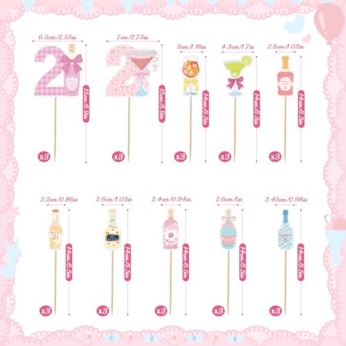 Hahafelt 30 Kit Happy 21st Birthday Cupcake Toppers, Twenty One Cupcake Picks Cheers to 21 Years Old Pink Champagne Wine Bottle 21st Birthday Decorations for Anniversary Party