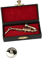 Miniature Saxophone with Stand and Case Brass Mini Musical Instrument Replica Collectible Figurines Dollhouse Accessories Model Home Decorations Ornaments (Alto Saxophone, 3.16"x1.69"x0.63")