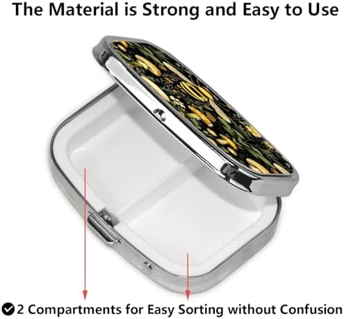 ABLESKY Pill Box, 2 Compartment Pill Organizer Case for Pocket or Purse, Small Portable Metal Travel Medicine Box with Mirror, Daily Vitamins Fish Oil Container-Bee Retro Beautiful Mushroom