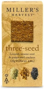 Miller's Harvest Artisan Biscuits Three-Seed Crackers | Stoneground Wholemeal Flour with Linseed Poppy & Sesame | Imported from England | 4.4 oz