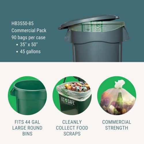EcoSafe-6400 HB3550-85 Certified Compostable Bag - 35x50” Green Bags for 45 Gallon Bin - Extra Strong Leak, Puncture and Tear Resistant Food Scraps Bin Liners, Pack of 90