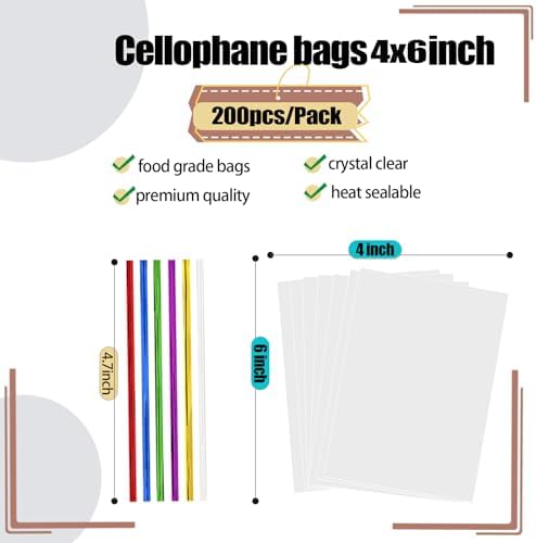 200 pcs Clear 4" x 6" Flat Cello Cellophane Bags Poly Treat Bags 2.8 mils for Gift Wrapping, Bakery, Cookie, Candies, Toast, Dessert, Party Favors Packaging with Color Twist Ties,Heat Sealable Cookie Bags
