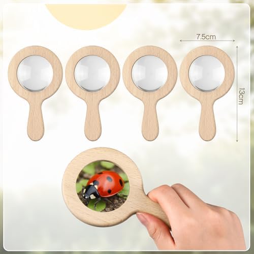 FairySandy 4 Pack Wooden Magnifying Glass, Wood Natural Handheld Magnifier Wooden Learning Adventure Toy Reading Magnifier for Elderly, Outdoor Exploration, Reading, Crafts, Collectibles, 5 x 3 Inch