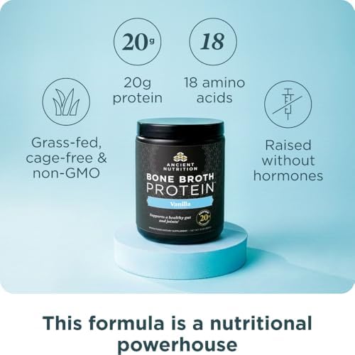 Ancient Nutrition Grass Fed, Bone Broth Protein Powder, 20g Protein, Hydrolyzed Collagen Peptides, Keto & Paleo Friendly, Supports Joint, Gut Health, Vanilla, 15 Servings