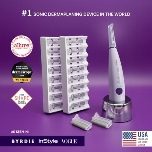 Michael Todd Beauty Sonicsmooth Pro+ Dermaplane Razor for Women Face + Eyebrow Trimmer Dermaplaning System w/LED Light Peach Fuzz Remover -16 Dermaplaning Blades & 2 Microsmooth Exfoliation Tips