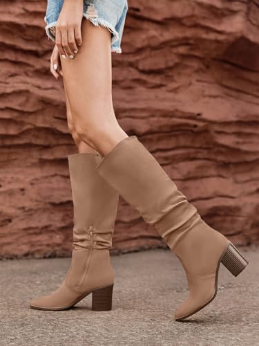 Huiyuzhi Womens Pointed Toe Mid Chunky Heel Side Zipper Knee High Boots Tall Booties