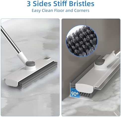 Scrub Brush with Long Handle, Floor Scrub Brush Squeegee Broom for Cleaning, 3 in 1 Shower Scrubber Floor Broom Squeegee for Concrete Tile Wall Deck Patio White
