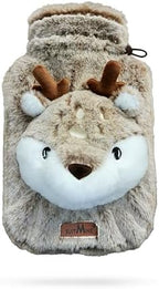 Hot Water Bottle PVC 2L Leak-Proof with Removable Plush Cute Deer Cover for Pain Relief Hot and Cold Therapy,Hands Feet Abdomen and Neck Warmer,Cord Lock,Brown