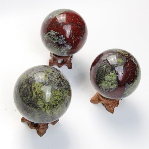 65mm Natural Dragon Blood Stone Sphere with Wood Stand Healing Crystal Ball Mineral Gemstone Divination Energy Chakra Sculpture Figurine for Fengshui