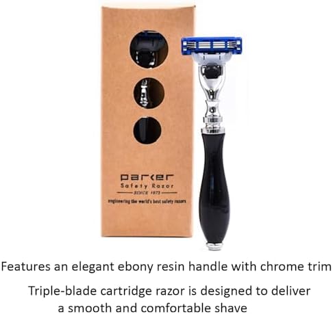 Parker Deluxe Gillette Mach 3 Compatible Razor For a Close Shave – Premium Black Resin Handle with Chrome Trim – One Gillette Mach 3 Triple Blade Cartridge Included