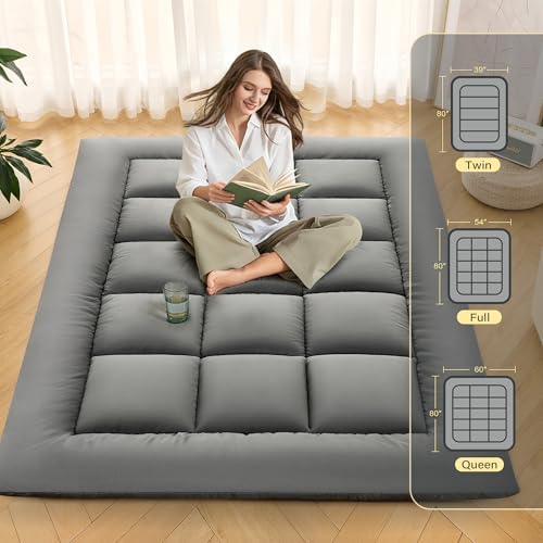 DOWNSTORIA Japanese Floor Mattress, Foldable Futon Mattress Tatami Mat with Handle, Roll Up Camping Sleeping Pad for Adults, Guestroom Floor Bed, Queen Size, Grey