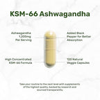 KSM 66 Ashwagandha 1,200mg with Black Pepper, 120 Veggie Capsules – Extra Strength Root Extract – High Absorption – Adaptogenic Supplements for Relaxation, Energy, & Brain Health – Non-GMO