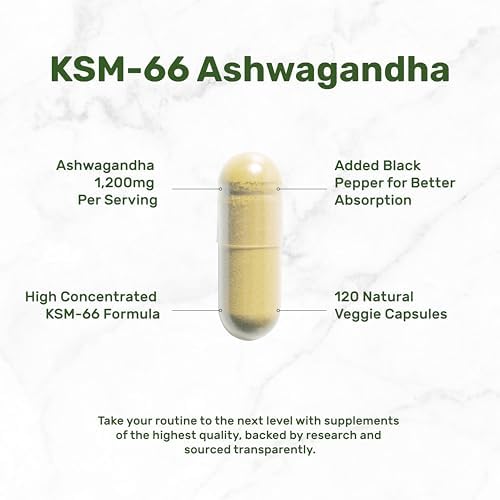 KSM 66 Ashwagandha 1,200mg with Black Pepper, 120 Veggie Capsules – Extra Strength Root Extract – High Absorption – Adaptogenic Supplements for Relaxation, Energy, & Brain Health – Non-GMO