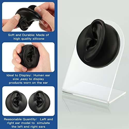 Cindeer 2 Pcs Flexible Silicone Ear Model Reused Soft Mold Fake Ear for Earrings Jewelry Display for Piercing Practice with Acrylic Stand (Black)