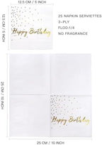 WRAPAHOLIC 25Pcs Dot Birthday Cocktail Napkins - 3-Ply White Gold Foil Happy Birthday Lettering and Dot Disposable Paper Napkins for Baby Shower Party Tableware Party Supplies - 5 x 5 In