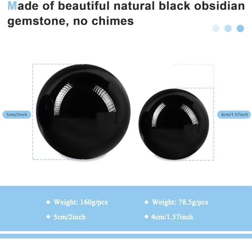 Learay 2 Pcs Black Obsidian Baoding Balls, Chinese Health Exercise Massage Balls with Carry Pouch for Stress Relief Hand Exercise Balls (Black/1.57 inch)