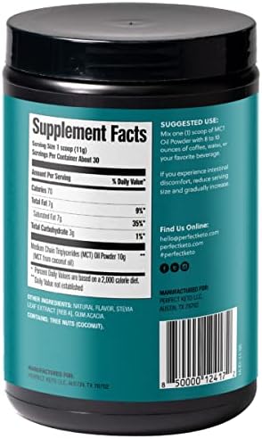 Perfect Keto 7g MCT Oil Powder, Medium Chain Triglycerides Supplement, Non Dairy Coffee Creamer for Keto Diet, Ketogenic MCT Oil Mix for Coffee, Smoothie, Protein Shakes and Tea, Vanilla, 30 Servings