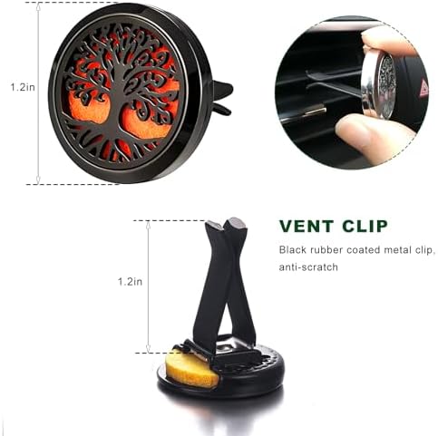 2 PCS Car Diffuser Vent Clips, Tree Pattern Essential Oil Diffuser Vent Clips with 12 Felt Pads, Stainless Steel Auto Air Fresheners Decorative Locket Clip for Women Men (Black)