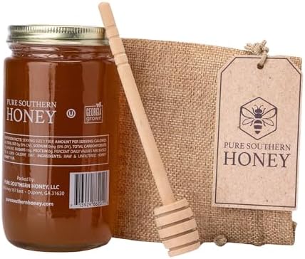 100% Authentic, USA - Made Raw Unfiltered Gourmet Honey Gift Set with Dipper by Pure Southern Honey [ 1 lb] - Unheated - Non - GMO, No Additives, All - Natural Sweetener- Environmental-Friendly Glass Jar