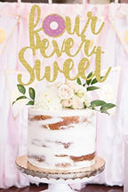Four Ever Sweet Cake Topper - Gold Glitter Happy 4th Birthday Cake Decorating Supplies, for Boy or Girl Party Photo Booth Props