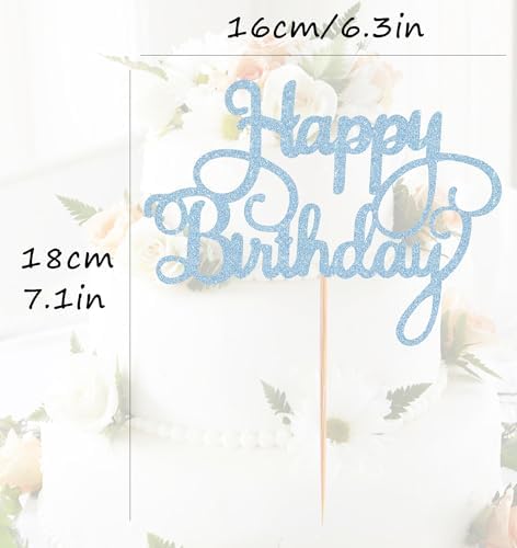 Happy Birthday Cake Topper - Light Blue Glitter Happy Birthday Cake Bunting Decor - Birthday Party Cake Decoration Supplies, for Photo Booth Props