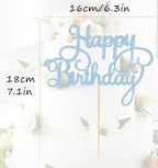 Happy Birthday Cake Topper - Light Blue Glitter Happy Birthday Cake Bunting Decor - Birthday Party Cake Decoration Supplies, for Photo Booth Props