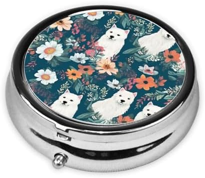 White Dog and Flowers Pill Box 3 Compartment Metal Pill Case Portable Travel Pill Organizer for Pocket or Purse Decorative Round Medicine Box Vitamin Container