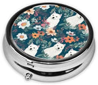 White Dog and Flowers Pill Box 3 Compartment Metal Pill Case Portable Travel Pill Organizer for Pocket or Purse Decorative Round Medicine Box Vitamin Container