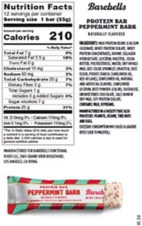 Barebells Protein Bars Peppermint Bark - 12 Count, 20g Protein, Creamy Vanilla Nougat with 1g Sugar, White Chocolate Coated Snack for Breakfast or Post-Workout