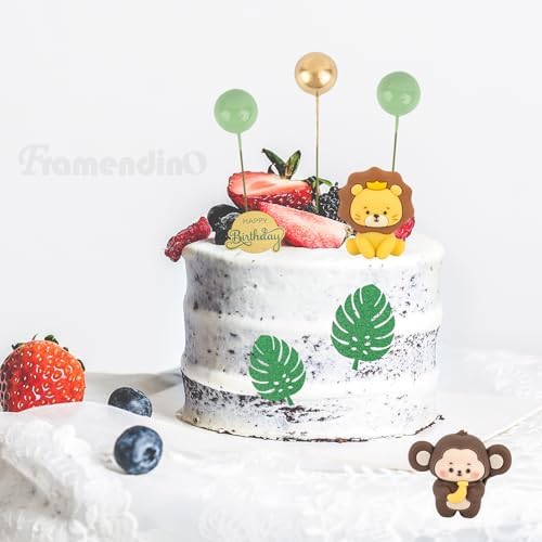 Framendino, 27 Pack Safari Animal Cake Toppers Cute Jungle Wild Theme with Elephant Giraffe Lion Monkey Glittery Tropical Leaves Top Decorationsfor Birthday Shower Party Decor