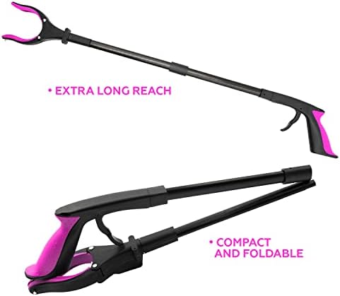 Grabber Reacher Tool-Long 32 Inch Aluminum Foldable Pick Up Stick-Strong Grip Shelves LED Light Magnetic Tip, Lightweight Trash Picker Claw Reacher Grabber Tool for Elderly - by Luxet (32 Inch, Pink)