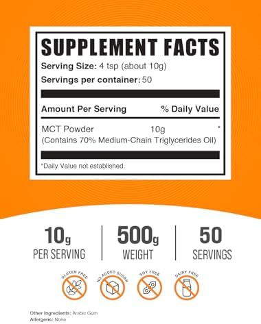 BulkSupplements.com MCT Powder - Medium Chain Triglycerides, MCT Oil Powder - Energy Supplement, Gluten Free, 10g per Serving, 500g (1.1 lbs) (Pack of 1)