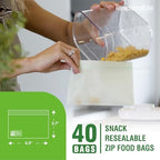 Responsible Products Certified Compostable SNACK Resealable Zip Bag, Extra Strength Food Bags, Plant-Based Freezer-Safe (40 Pack)