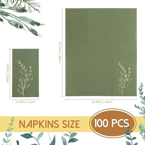 Olive Green Napkins 2- Ply Disposable Dinner Paper Napkin 100 Pcs Gold Foil Leaves Cocktail Napkins for Christmas Dinner Picnic Birthday Wedding Party