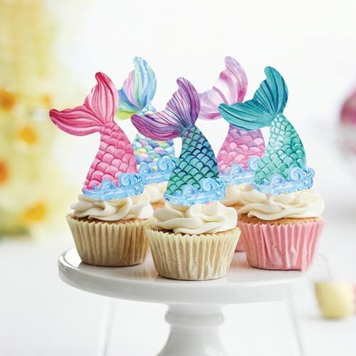 48Pcs Edible Mermaid Tail Cupcake Toppers Wafer Paper Mermaid theme Birthday Party Baby Showers Party Decoration
