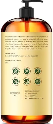 Brooklyn Botany Sweet Almond Oil | for Skin, Hair and Face | 16 Fl Oz | 100% Pure and Natural | Carrier Oil for Essential Oils, Aromatherapy and Massage | Hexane Free
