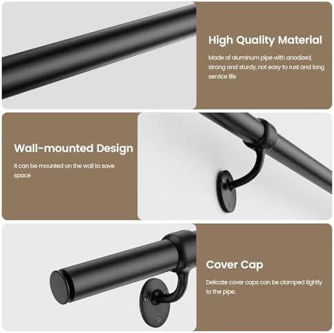 Stair Railing Indoor 4 Feet Hand Rails for Indoor/Outdoor Steps 1.6" Round Porch Railing Wall Mount Aluminum Hand Rails for Indoor Stairs Industrial Staircase Handrails