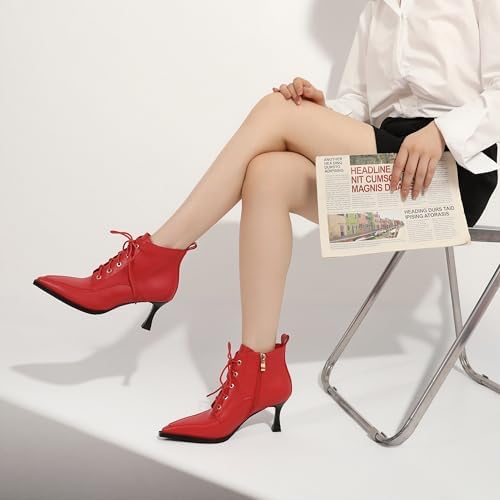 Women's Booties Stiletto High Heel Lace up Square Toe Side Zipper Leather Short Ankle Boots 3 Inches