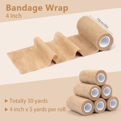 BEVTEE Self Adhesive Bandage Wrap 6 Pack, 4" X 5 Yards Elastic Coban Wrap, Compression Non-Woven Sports Athletic Tape for Wrist, Ankle, Hand, Leg, Swelling, Vet, Grip Tape