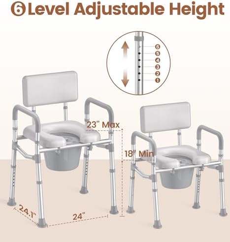 SOUNDFUSE Bedside Commode Chair with Padded Seat and Backrest, Aluminum Dual-Crossbar, Height Adjustable, Portable Toilet for Seniors and Adults, Potty Bucket and Splash Guard, 350 lbs Weight Capacity